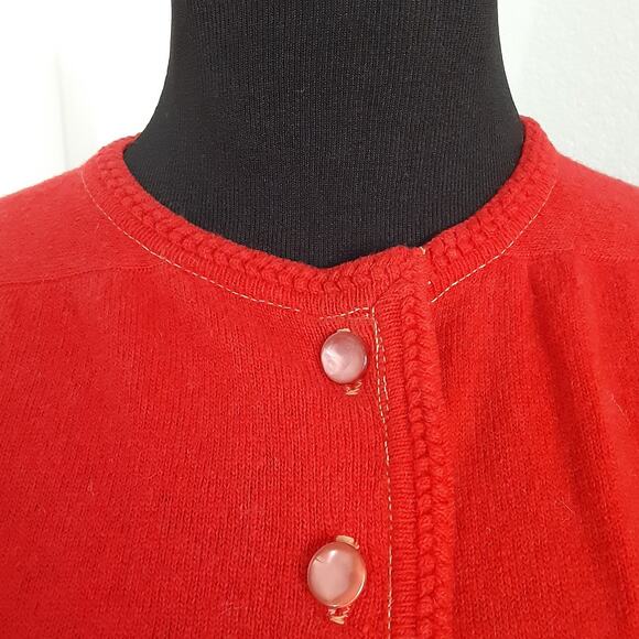 Vintage 1950s Cardigan Sweater Wool Blend Cherry Red Pearl Button Rockabilly - Picture 5 of 15